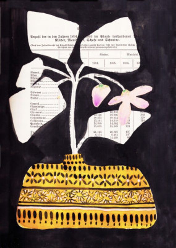 Leaves and flowers in midcentuy vase with black background