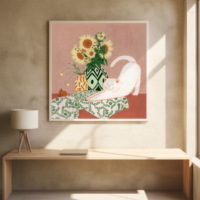 Cat Stretching by Sunflowers