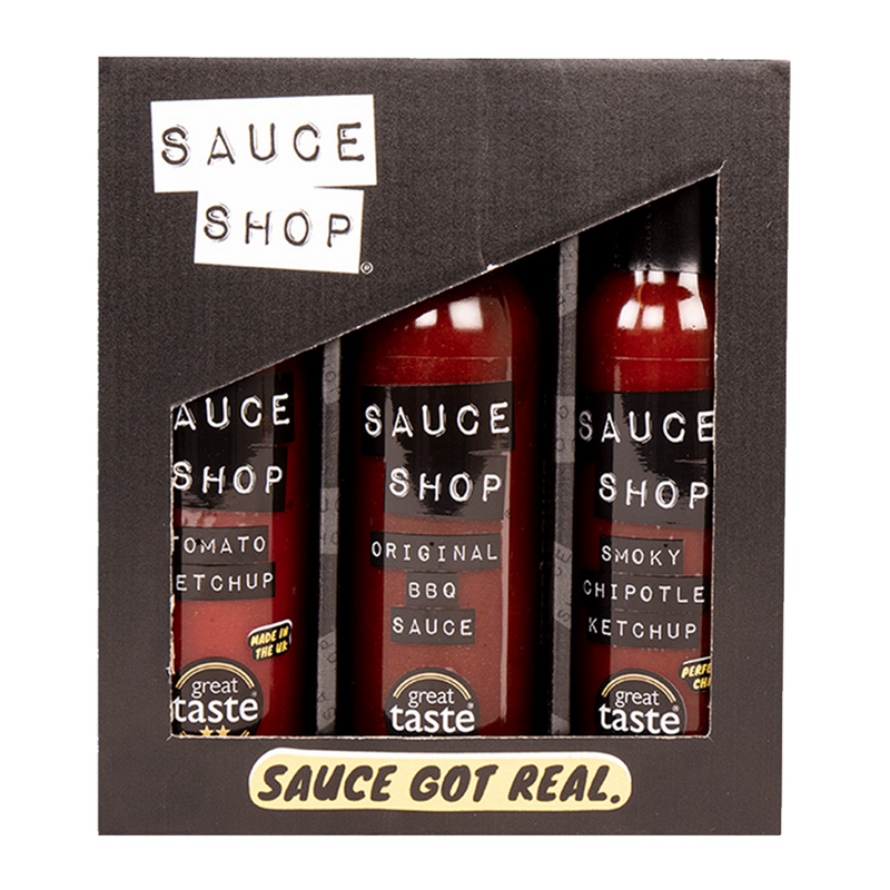 Gift set of 3 sauces, tomato ketchup, smoky chipotle ketchup & BBQ sauce