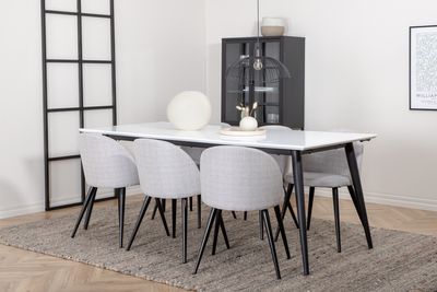 Venture Home Jimmy & Velvet Rektangulärt Matbord 195 x 90 Vit + 6 st Matstolar Grå