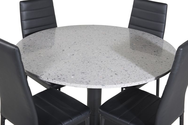 Venture Home Slim & Razzia 4 st Matstolar Svart + Runt Matbord Ø106 Grå