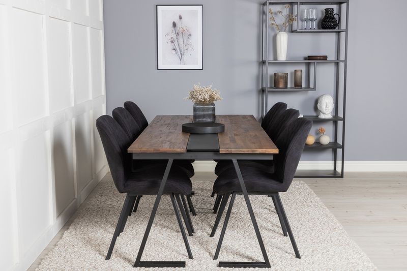 Venture Home Gemma & Jakarta 6 st Matstolar Svart + Rektangulärt Matbord 200 x 90 Svart