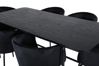 Venture Home Berit & Uno 6 st Matstolar Svart + Rektangulärt Matbord 200 x 90 Svart