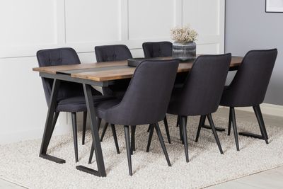 Venture Home Jakarta & Velvet Deluxe Rektangulärt Matbord 200 x 90 Svart + 6 st Matstolar Svart