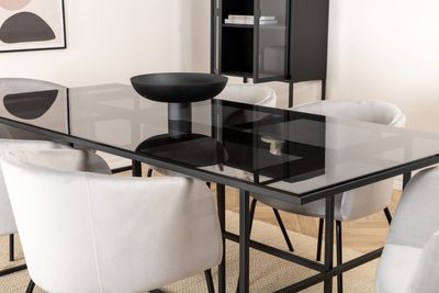 Venture Home Berit & Leif 6 st Matstolar Grå + Rektangulärt Matbord 200 x 90 Svart