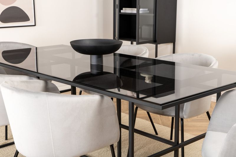 Venture Home Berit & Leif 6 st Matstolar Grå + Rektangulärt Matbord 200 x 90 Svart