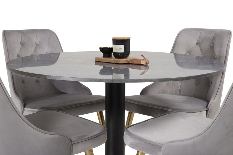 Venture Home Estelle & Velvet Deluxe Runt Matbord ⌀106 Mörkgrå + 4 st Matstolar Grå