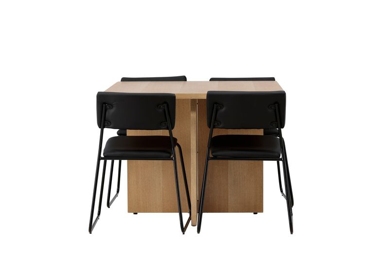 Venture Home Kenth & Leo 4 st Matstolar Svart + Rektangulärt Matbord 100 x 100 Natur