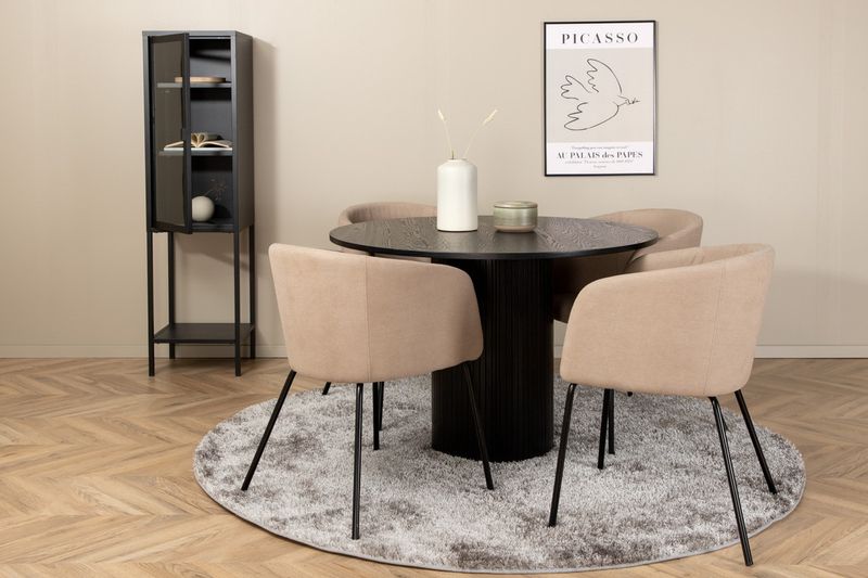 Venture Home Berit & Bianca 4 st Matstolar Beige + Runt Matbord ⌀110 Svart