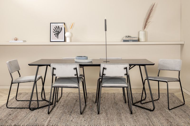 Venture Home Kenth & Petra 6 st Matstolar Grå + Rektangulärt Matbord 190 x 90 Svart