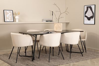 Venture Home Berit & Petra 6 st Matstolar Beige + Rektangulärt Matbord 190 x 90 Svart