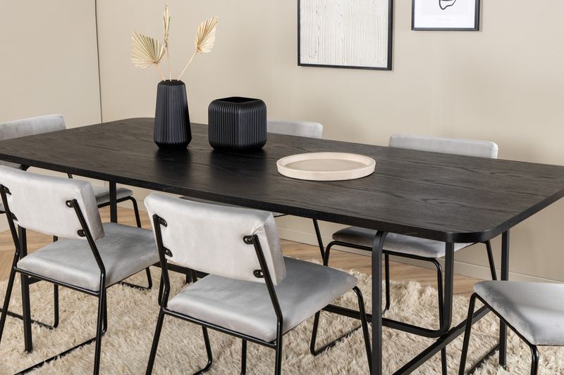 Venture Home Kenth & Uno 6 st Matstolar Grå + Rektangulärt Matbord 200 x 90 Svart