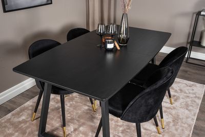 Venture Home Velvet & Inca 4 st Matstolar Svart + Rektangulärt Matbord 160 x 85 Svart