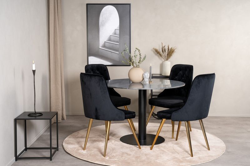 Venture Home Estelle & Velvet Deluxe Runt Matbord ⌀106 Mörkgrå + 4 st Matstolar Svart