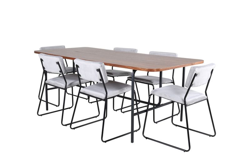 Venture Home Kenth & Uno 6 st Matstolar Grå + Rektangulärt Matbord 200 x 90 Natur