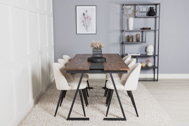 Venture Home Jakarta & Velvet Rektangulärt Matbord 200 x 90 Svart + 6 st Matstolar Grädde