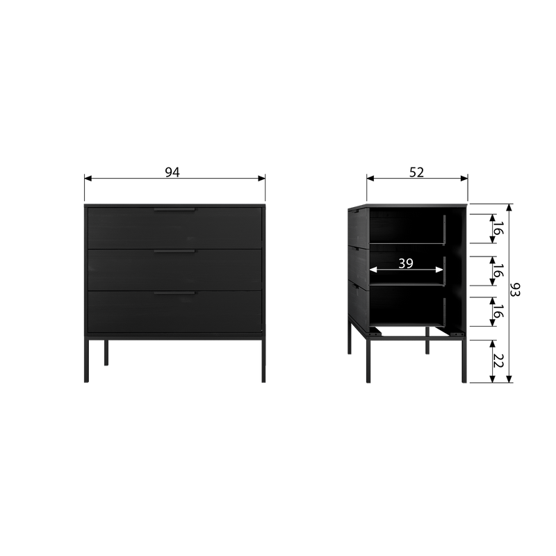 WOOOD Adam Byrå i Svart Borstat Furu