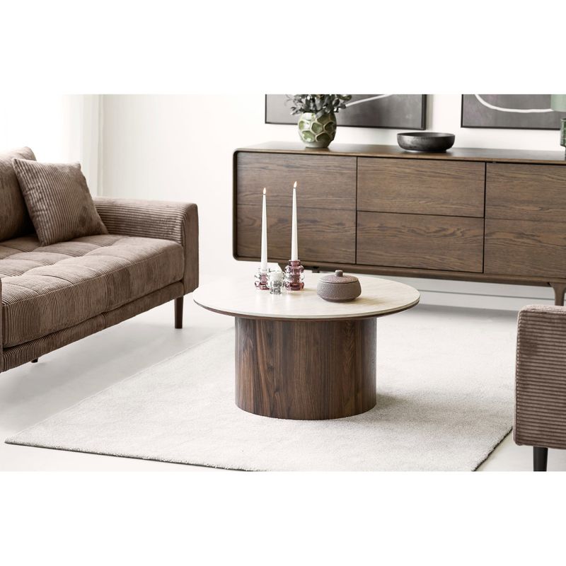 House Nordic Delphi Soffbord - Keramisk bordsskiva, Travertin/Mörkbrun, ø80x40 cm