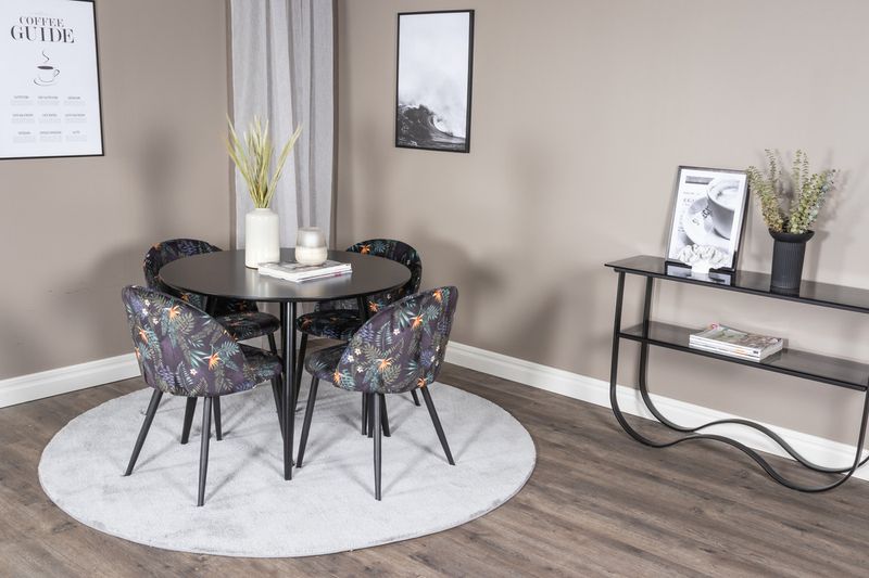 Venture Home Velvet & Plaza 4 st Matstolar Svart + Runt Matbord ⌀100 Svart