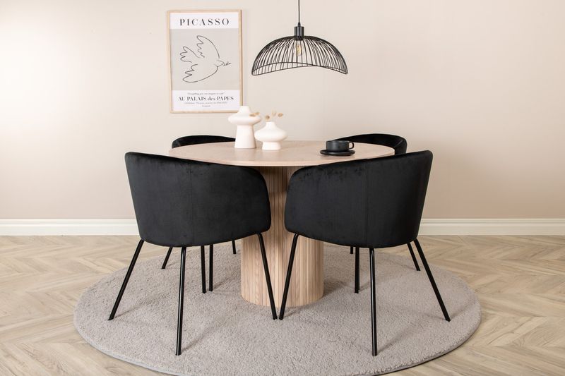 Venture Home Berit & Bianca 4 st Matstolar Svart + Runt Matbord ⌀110 Vitputsad