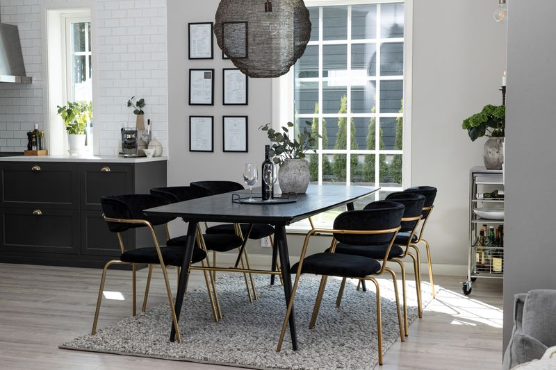 Venture Home Arrow & Gold 6 st Matstolar Svart + Rektangulärt Matbord 180 x 85 Svart