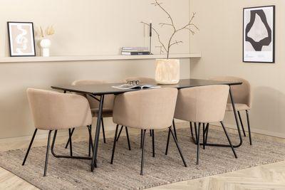 Venture Home Berit & Petra 6 st Matstolar Beige + Rektangulärt Matbord 190 x 90 Svart