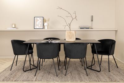 Venture Home Berit & Petra 6 st Matstolar Svart + Rektangulärt Matbord 190 x 90 Svart