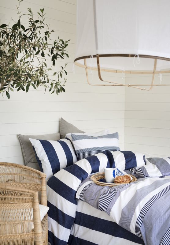 Borganäs Mönstrat Block Stripe bomullspåslakanset marinblå 220x210 cm 3 delar