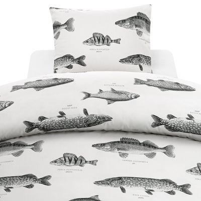 Borganäs Mönstrat Fiske bomullspåslakanset vit 150x210 cm 2 delar