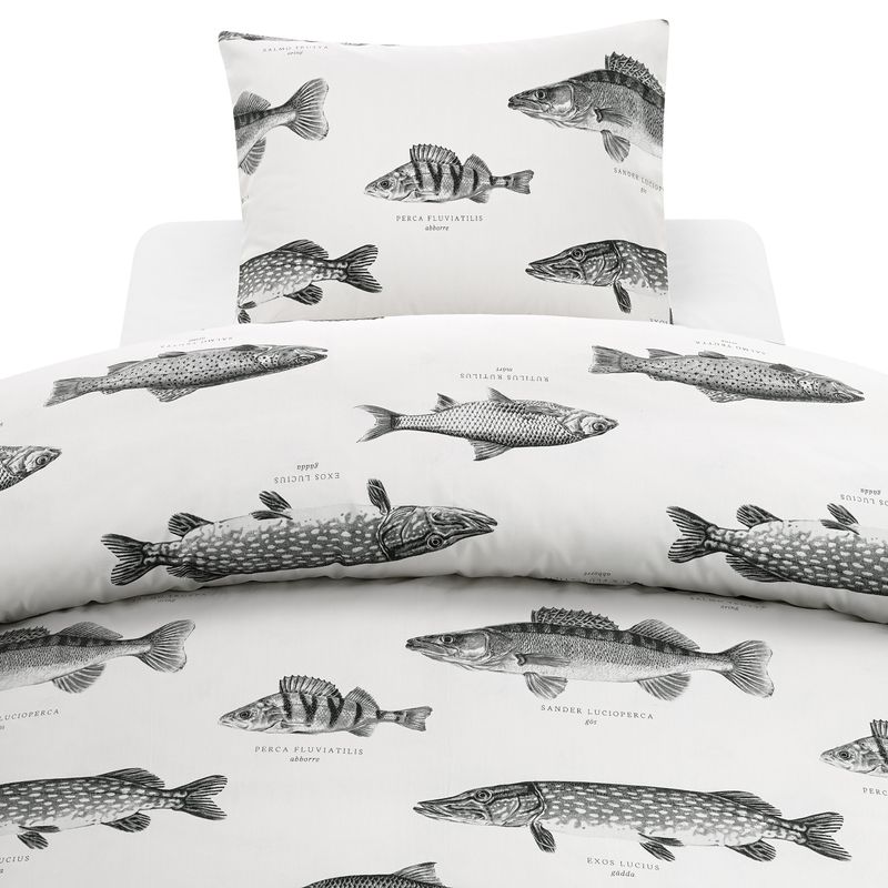 Borganäs Mönstrat Fiske bomullspåslakanset vit 150x210 cm 2 delar