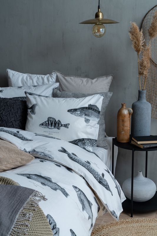 Borganäs Mönstrat Fiske bomullspåslakanset vit 150x210 cm 2 delar