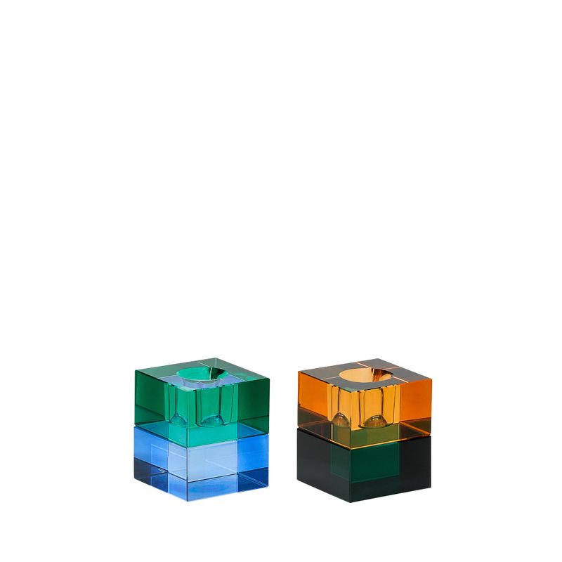 Hübsch Block Ljusstakar Grön/Blå & Orange/Grön (set om 2)