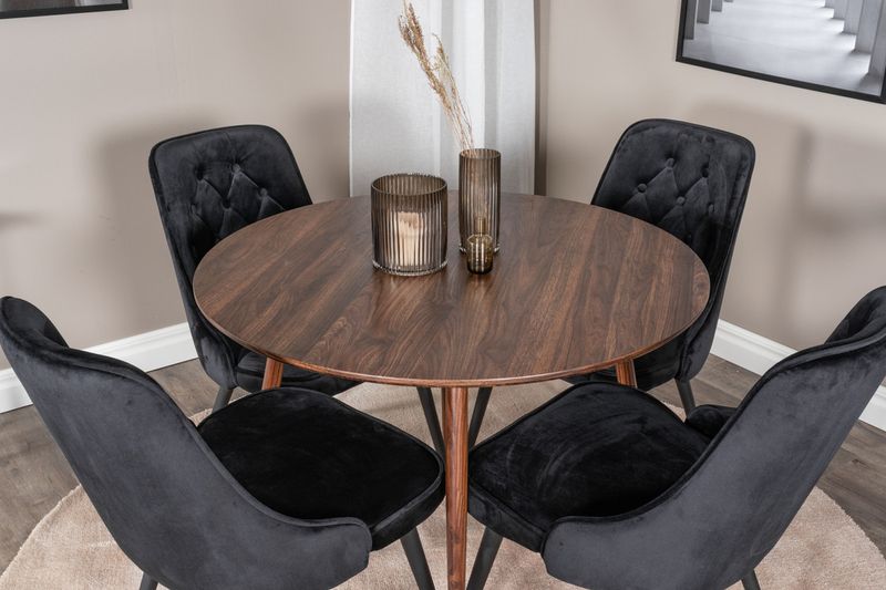 Venture Home Plaza & Velvet Deluxe Runt Matbord ⌀100 Valnöt + 4 st Matstolar Svart