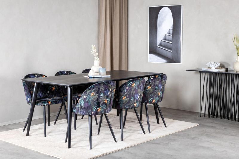 Venture Home Dipp & Velvet Rektangulärt Matbord 180 x 90 Svart + 6 st Matstolar Svart