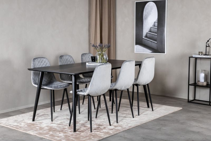 Venture Home Dipp & Polar Rektangulärt Matbord 180 x 90 Svart + 6 st Matstolar Grå