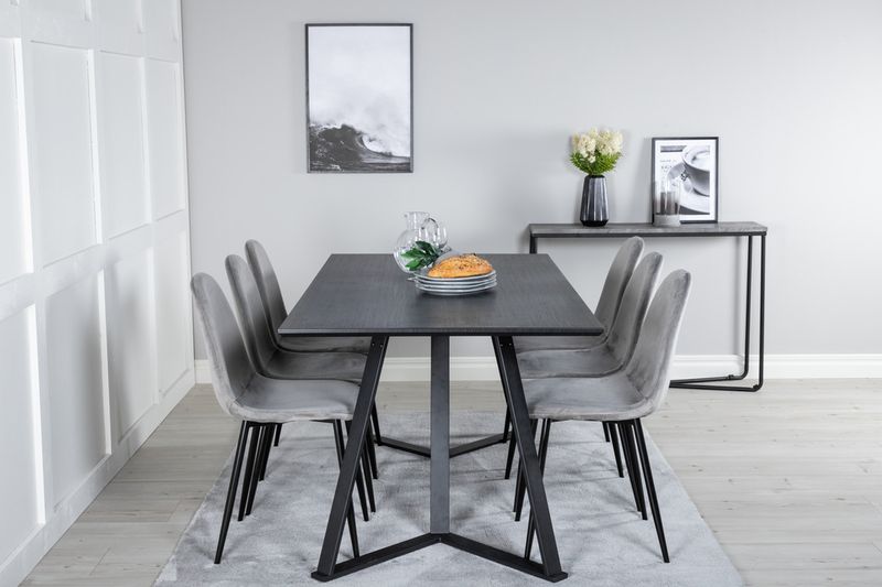 Venture Home Polar & Marina 6 st Matstolar Grå + Rektangulärt Matbord 180 x 90 Svart