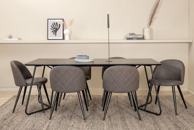 Venture Home Petra & Velvet Rektangulärt Matbord 190 x 90 Svart + 6 st Matstolar Grå