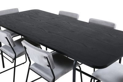 Venture Home Kenth & Uno 6 st Matstolar Grå + Rektangulärt Matbord 200 x 90 Svart