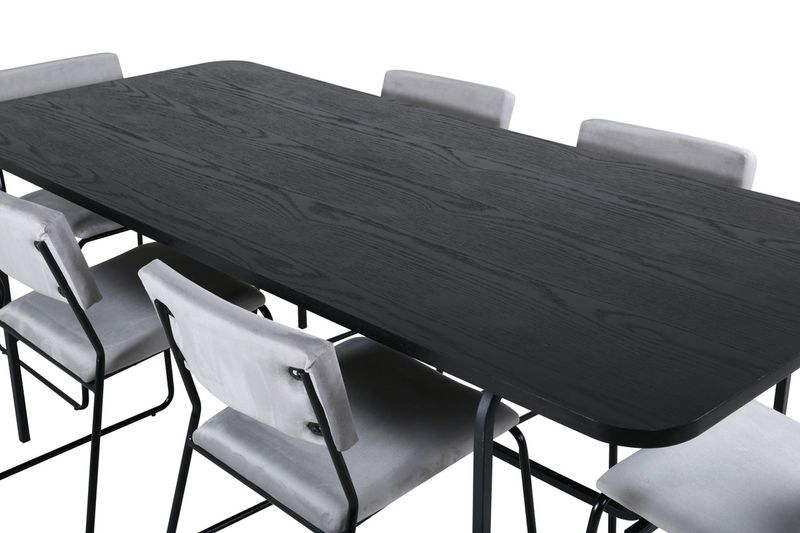 Venture Home Kenth & Uno 6 st Matstolar Grå + Rektangulärt Matbord 200 x 90 Svart