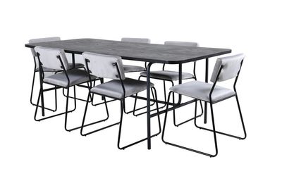 Venture Home Kenth & Uno 6 st Matstolar Grå + Rektangulärt Matbord 200 x 90 Svart