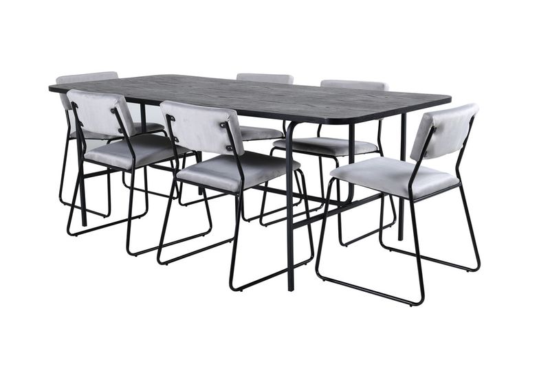Venture Home Kenth & Uno 6 st Matstolar Grå + Rektangulärt Matbord 200 x 90 Svart