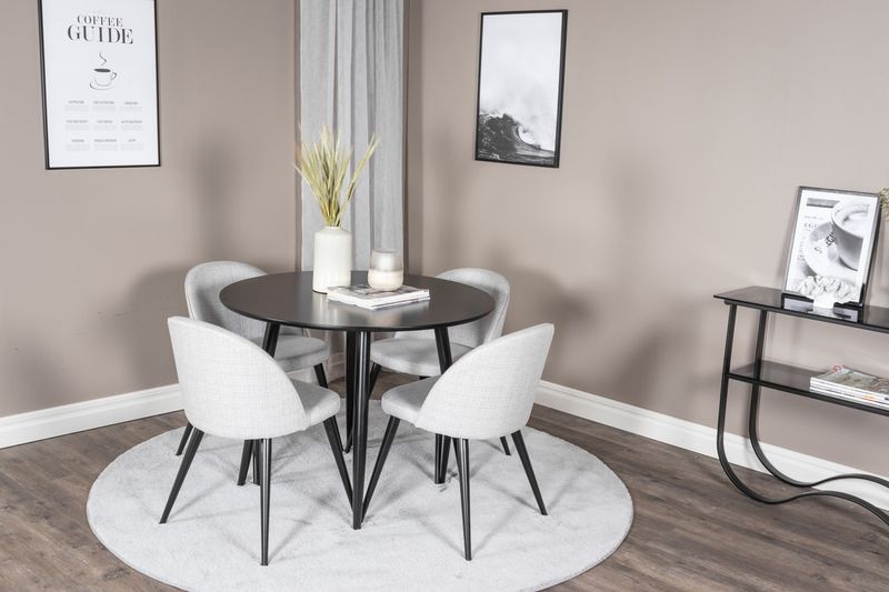 Venture Home Velvet & Plaza 4 st Matstolar Grå + Runt Matbord ⌀100 Svart