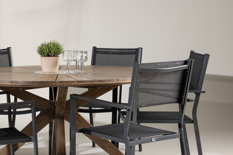 Venture Home Copacabana & Rosario 6 st Matstolar Svart + Runt Matbord ⌀140 Brun