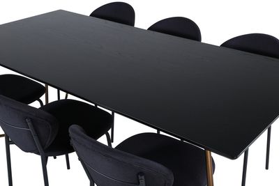 Venture Home Vault & Petra 6 st Matstolar Svart + Rektangulärt Matbord 190 x 90 Svart