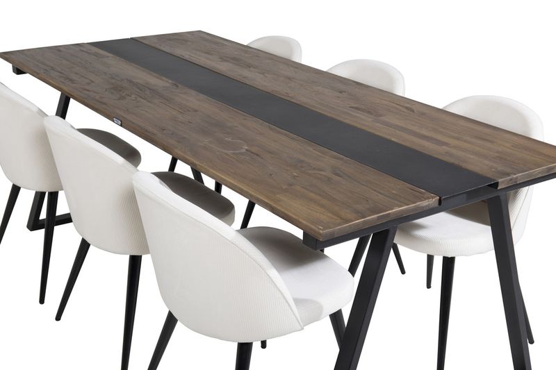 Venture Home Jakarta & Velvet Rektangulärt Matbord 200 x 90 Svart + 6 st Matstolar Grädde
