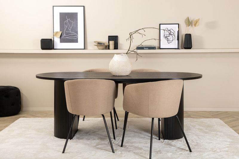 Venture Home Berit & Bianca 4 st Matstolar Beige + Ovalt Matbord 200 x 90 Svart