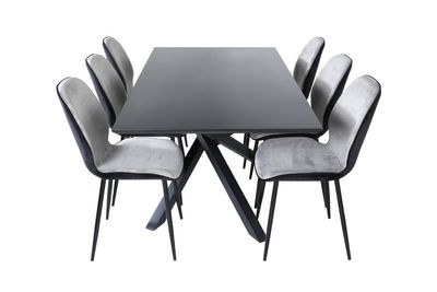 Venture Home Emma & Piazza 6 st Matstolar Grå + Rektangulärt Matbord 180 x 90 Svart