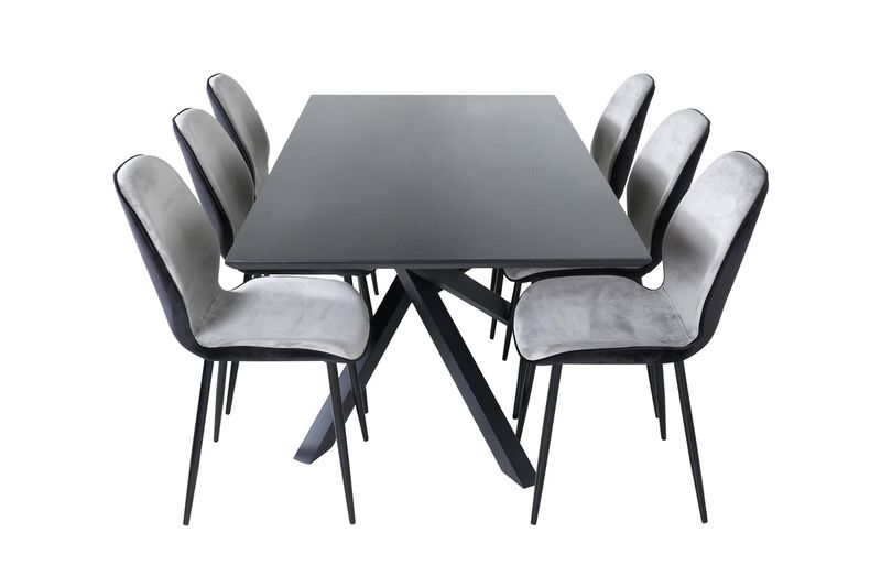 Venture Home Emma & Piazza 6 st Matstolar Grå + Rektangulärt Matbord 180 x 90 Svart