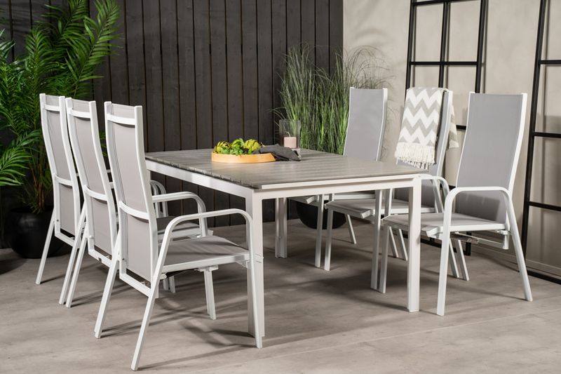 Venture Home Levels & Copacabana Rektangulärt Matbord 160 x 100 Vit + 6 st Reclinerstolar Grå