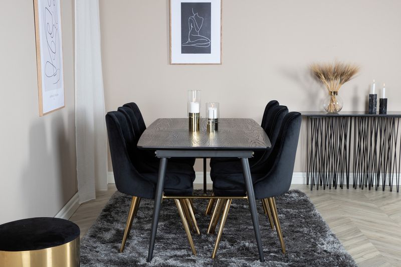 Venture Home Gold & Velvet Deluxe Rektangulärt Matbord 180 x 85 Svart + 6 st Matstolar Svart